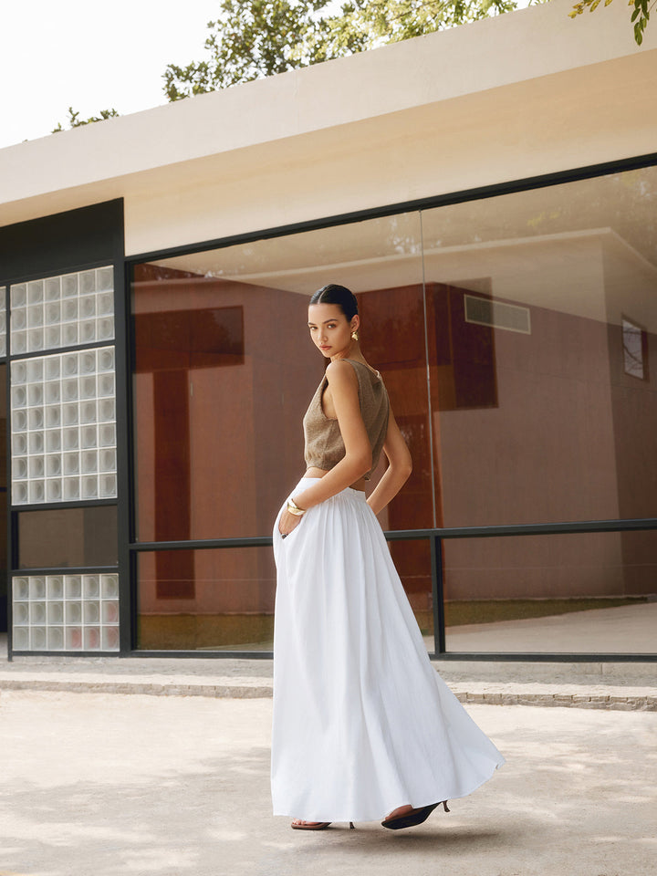 A-Line Maxi Skirt with Elastic Waistband and Side Pockets