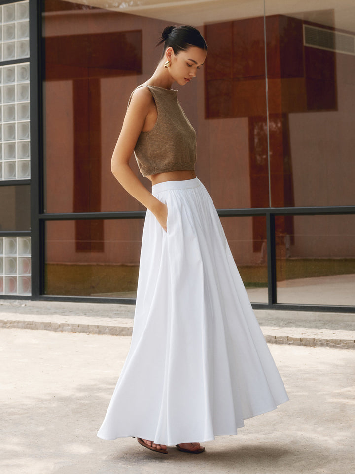 A-Line Maxi Skirt with Elastic Waistband and Side Pockets