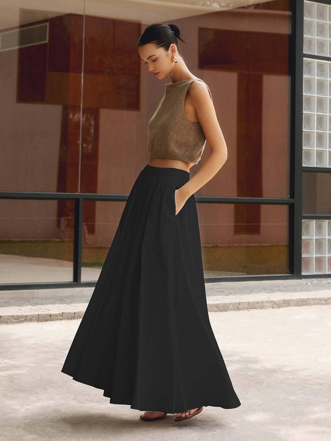 A-Line Maxi Skirt with Elastic Waistband and Side Pockets