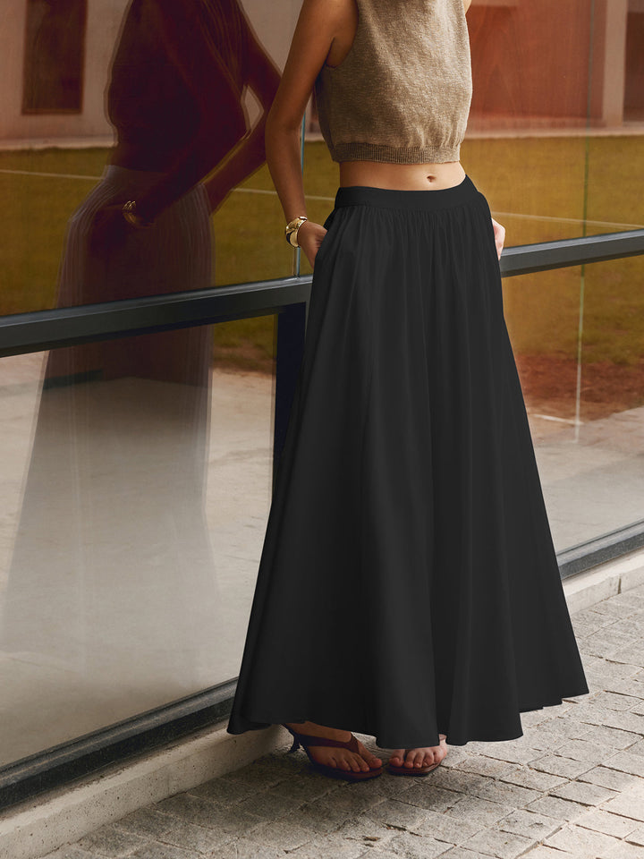 A-Line Maxi Skirt with Elastic Waistband and Side Pockets