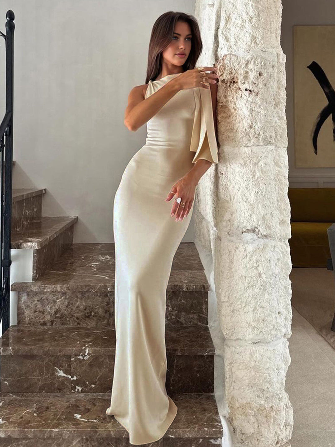 Maxi Dress with One-Shoulder Tie and Sleeveless Design
