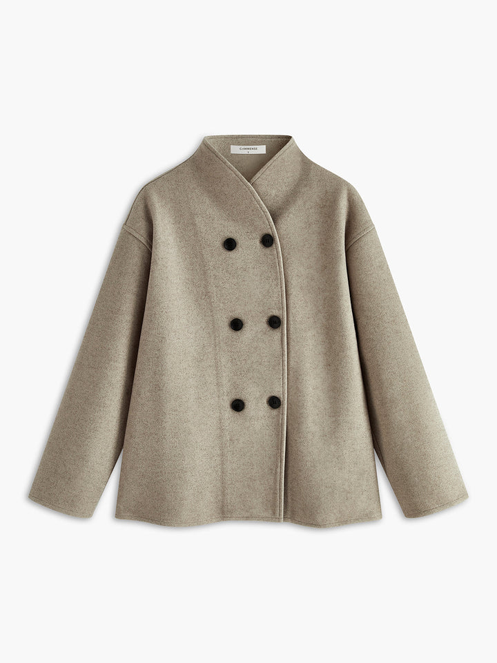 Wool-Blend Boxy Jacket with Double-Breasted Front and Collarless Neckline