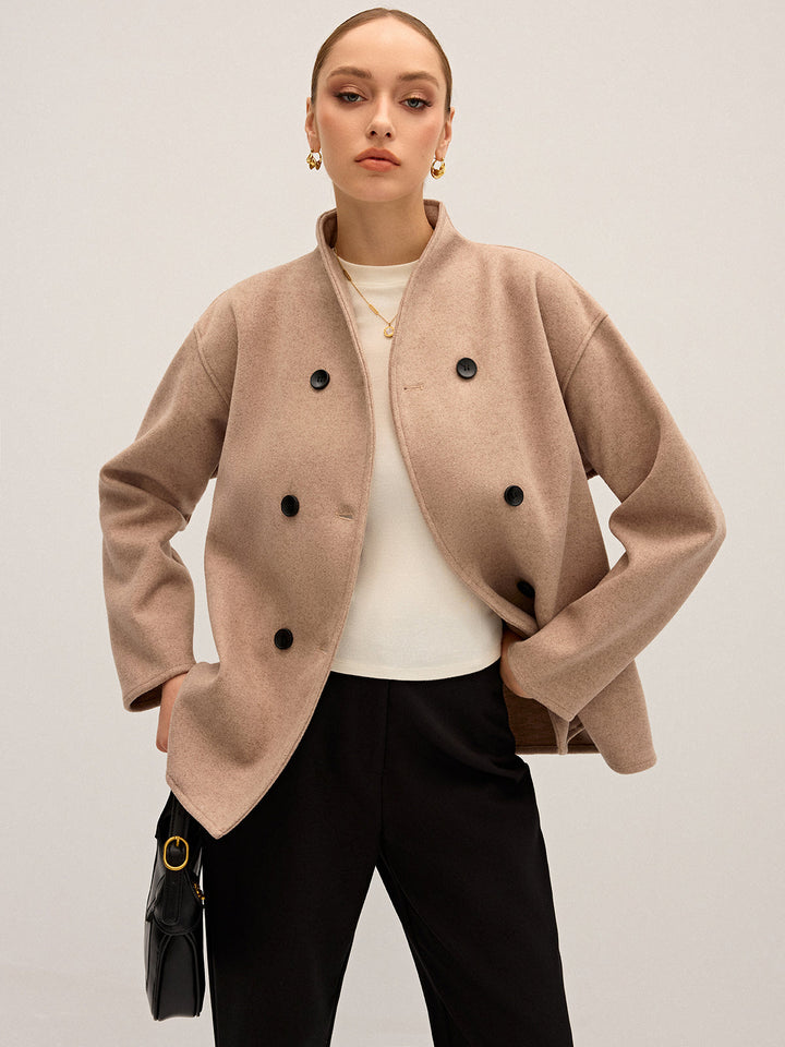 Wool-Blend Boxy Jacket with Double-Breasted Front and Collarless Neckline