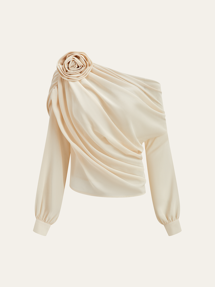 One-Shoulder Blouse with Draped Rosette Detail