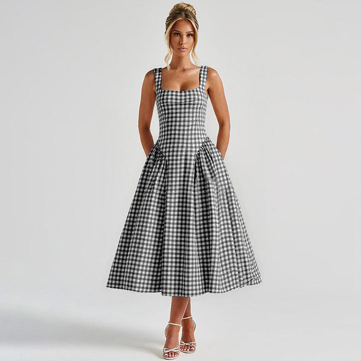 Midi Dress with Square Neckline, Corset Back, and Gathered Skirt