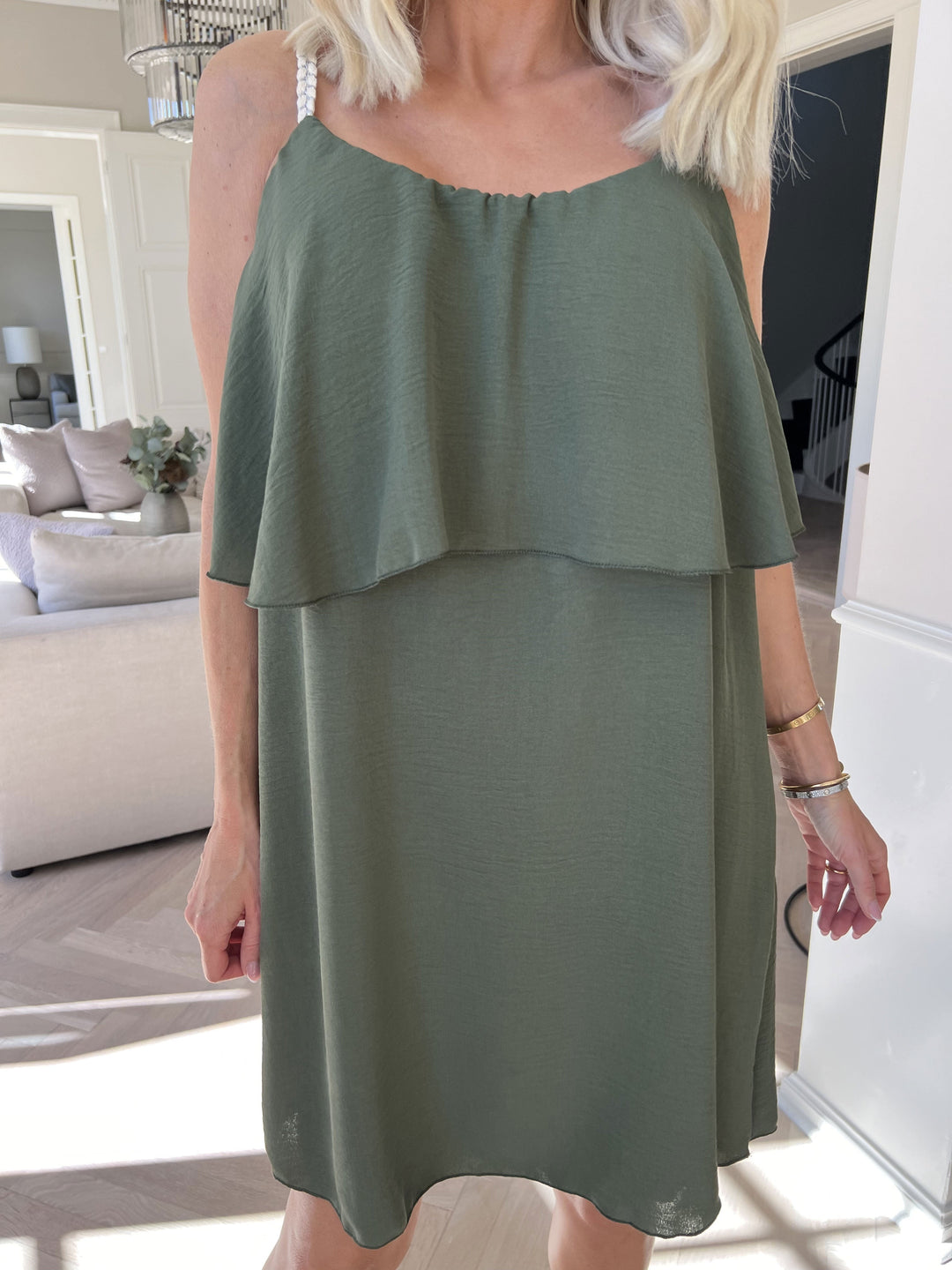 Mini Dress with Ruffle Overlay and Spaghetti Straps