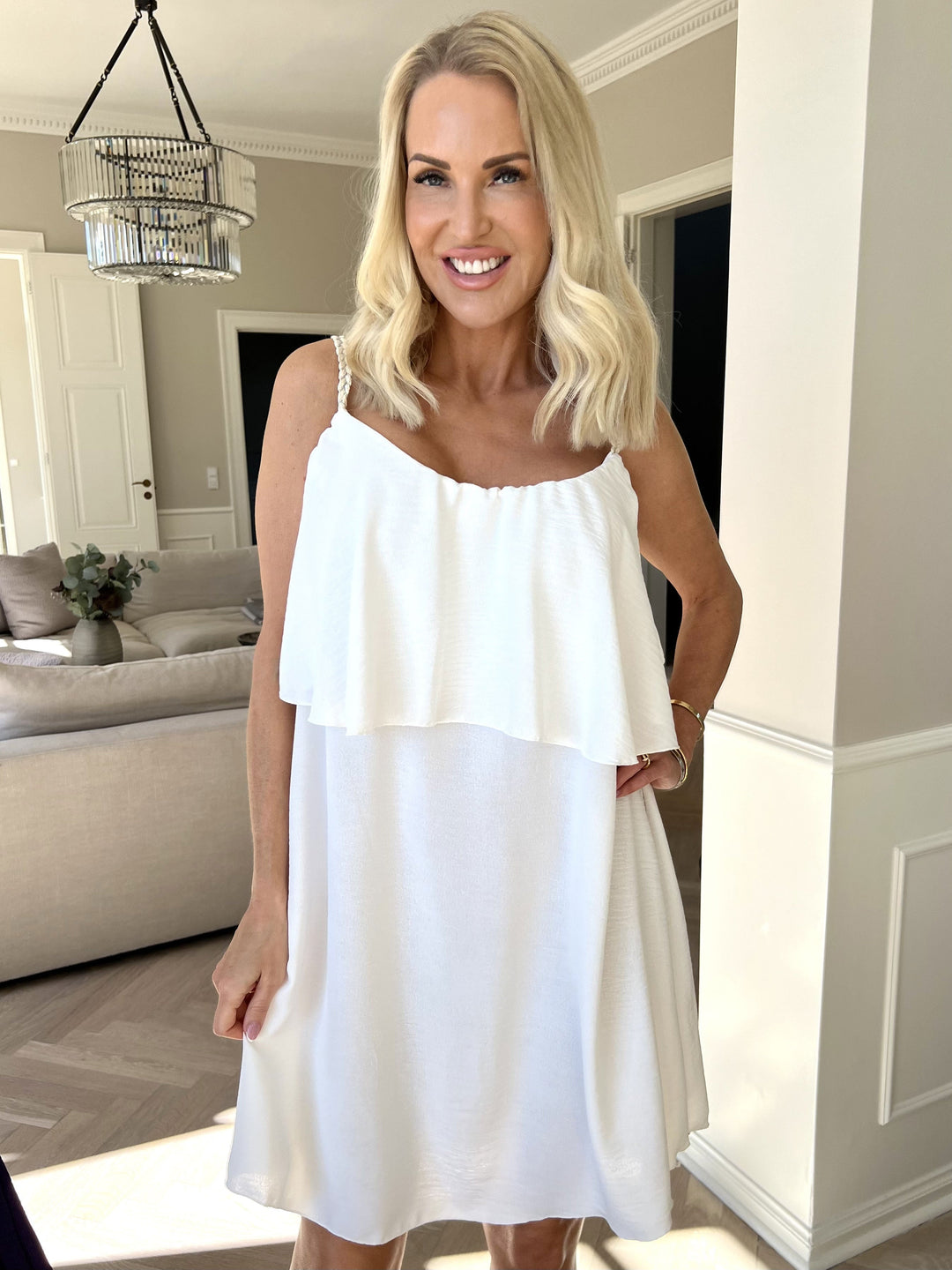 Mini Dress with Ruffle Overlay and Spaghetti Straps