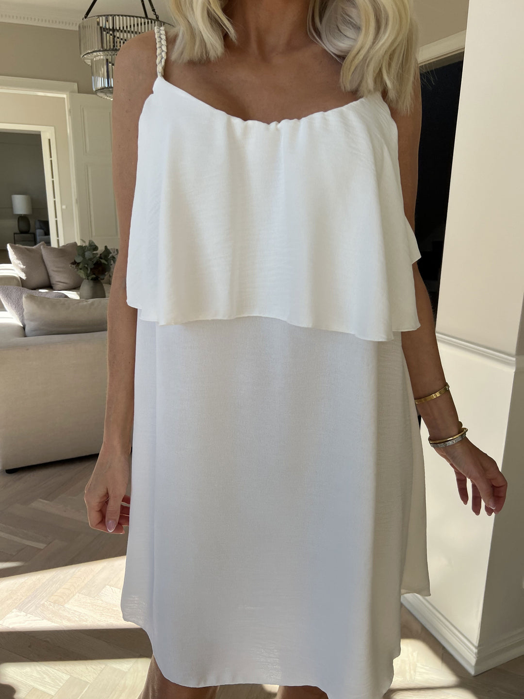 Mini Dress with Ruffle Overlay and Spaghetti Straps