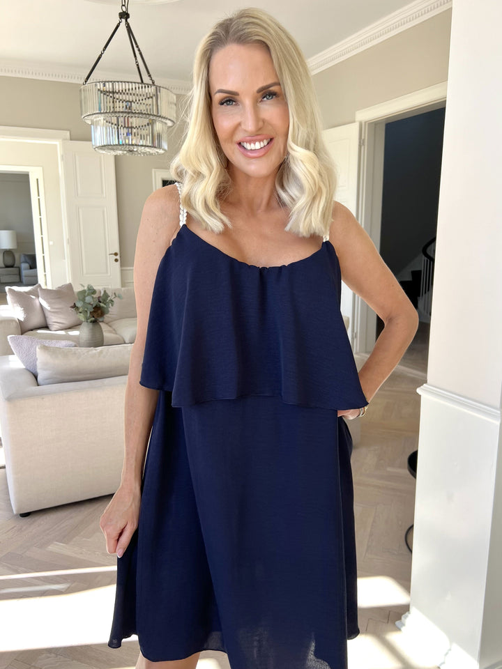 Mini Dress with Ruffle Overlay and Spaghetti Straps