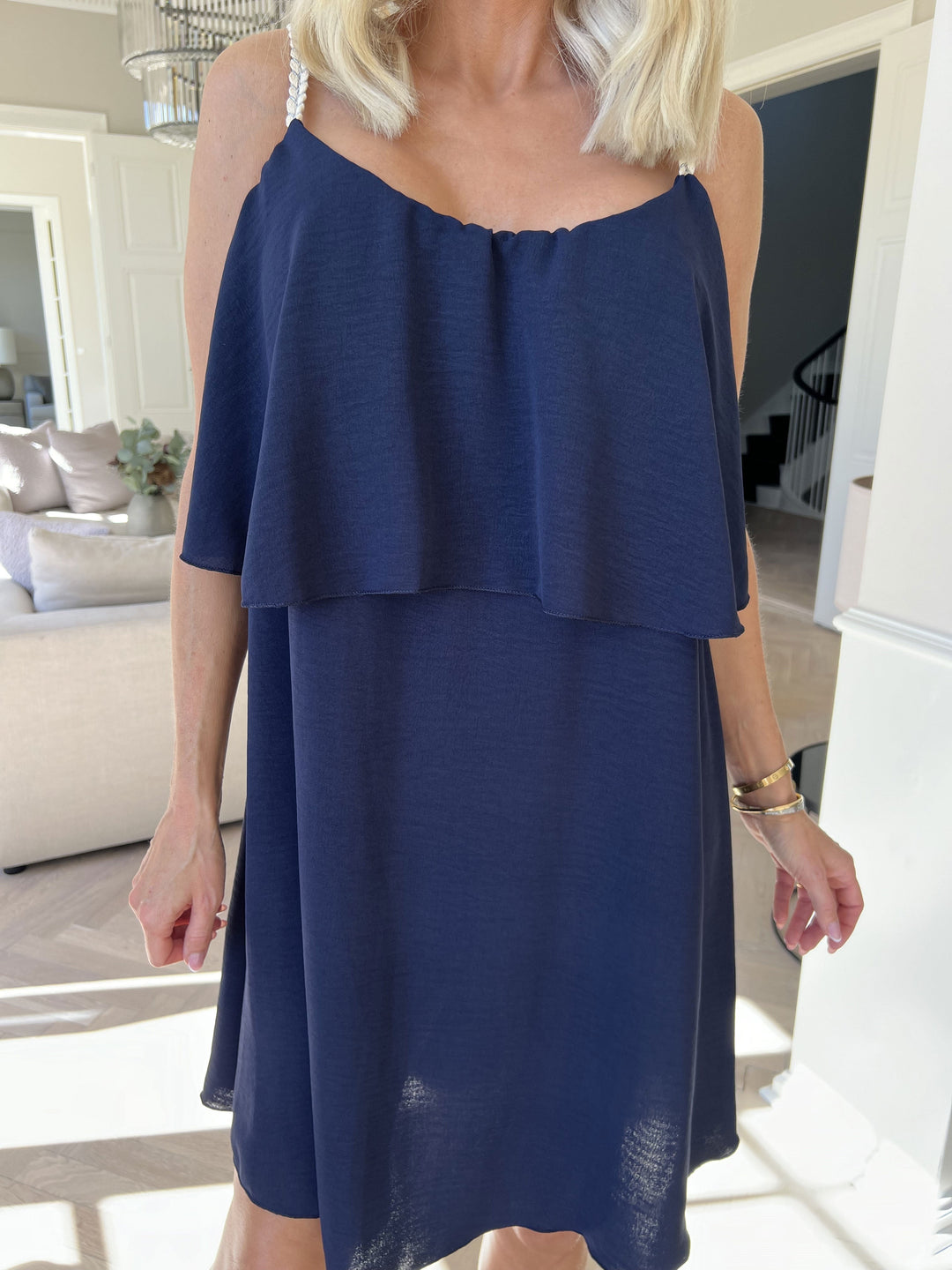 Mini Dress with Ruffle Overlay and Spaghetti Straps