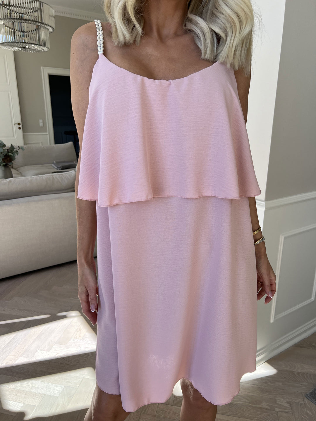Mini Dress with Ruffle Overlay and Spaghetti Straps