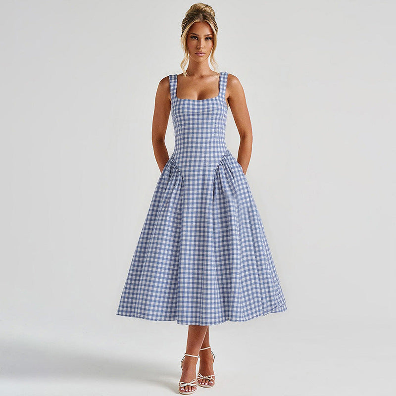 Midi Dress with Square Neckline, Corset Back, and Gathered Skirt