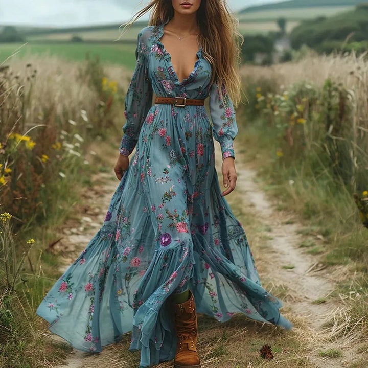 V-Neck Maxi Dress with Long Sleeves and Tie Waist