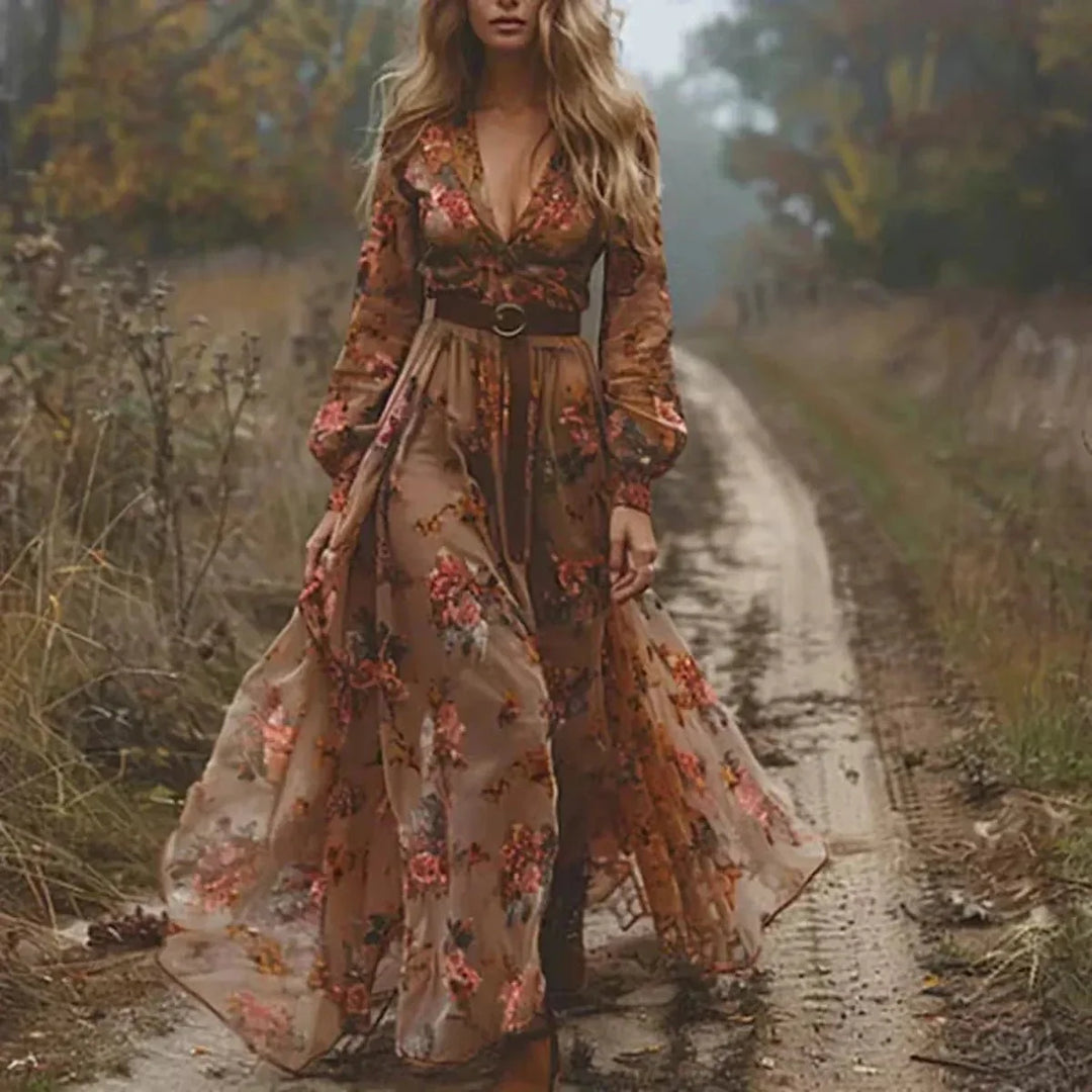 V-Neck Maxi Dress with Long Sleeves and Tie Waist
