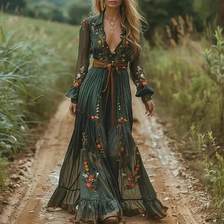 V-Neck Maxi Dress with Long Sleeves and Tie Waist