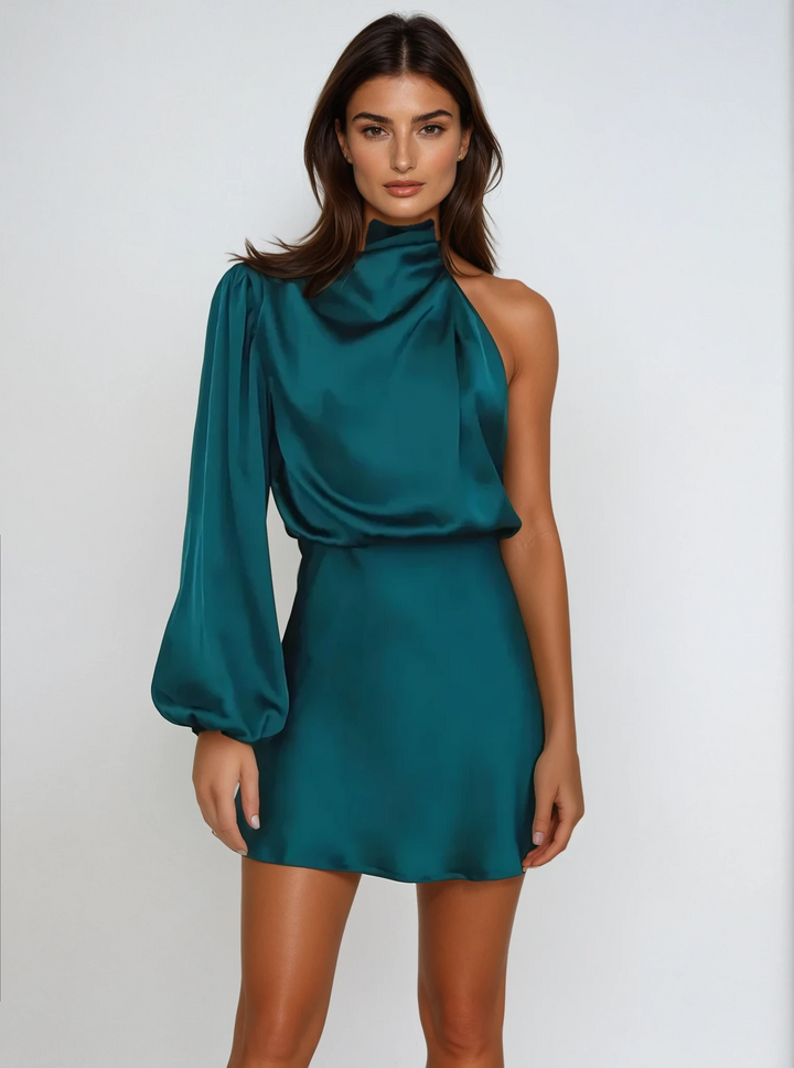 One-Shoulder Mini Dress with Long Balloon Sleeve and Cowl Neck