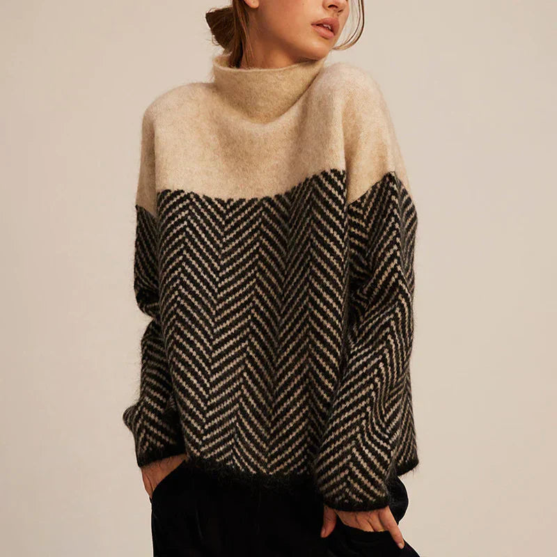 Herringbone Pattern Turtleneck Sweater with Relaxed Silhouette and Long Sleeves
