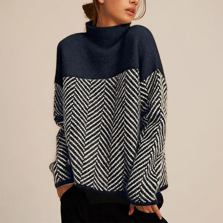 Herringbone Pattern Turtleneck Sweater with Relaxed Silhouette and Long Sleeves