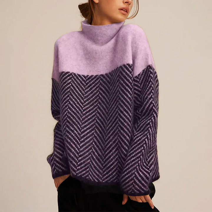 Herringbone Pattern Turtleneck Sweater with Relaxed Silhouette and Long Sleeves