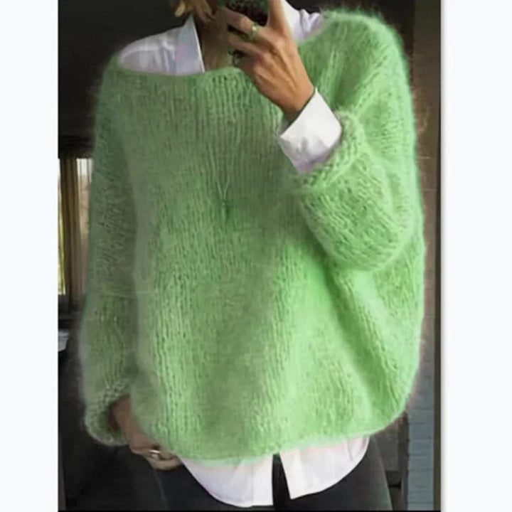Oversized Fuzzy Knit Jumper with Boat Neckline and Long Sleeves