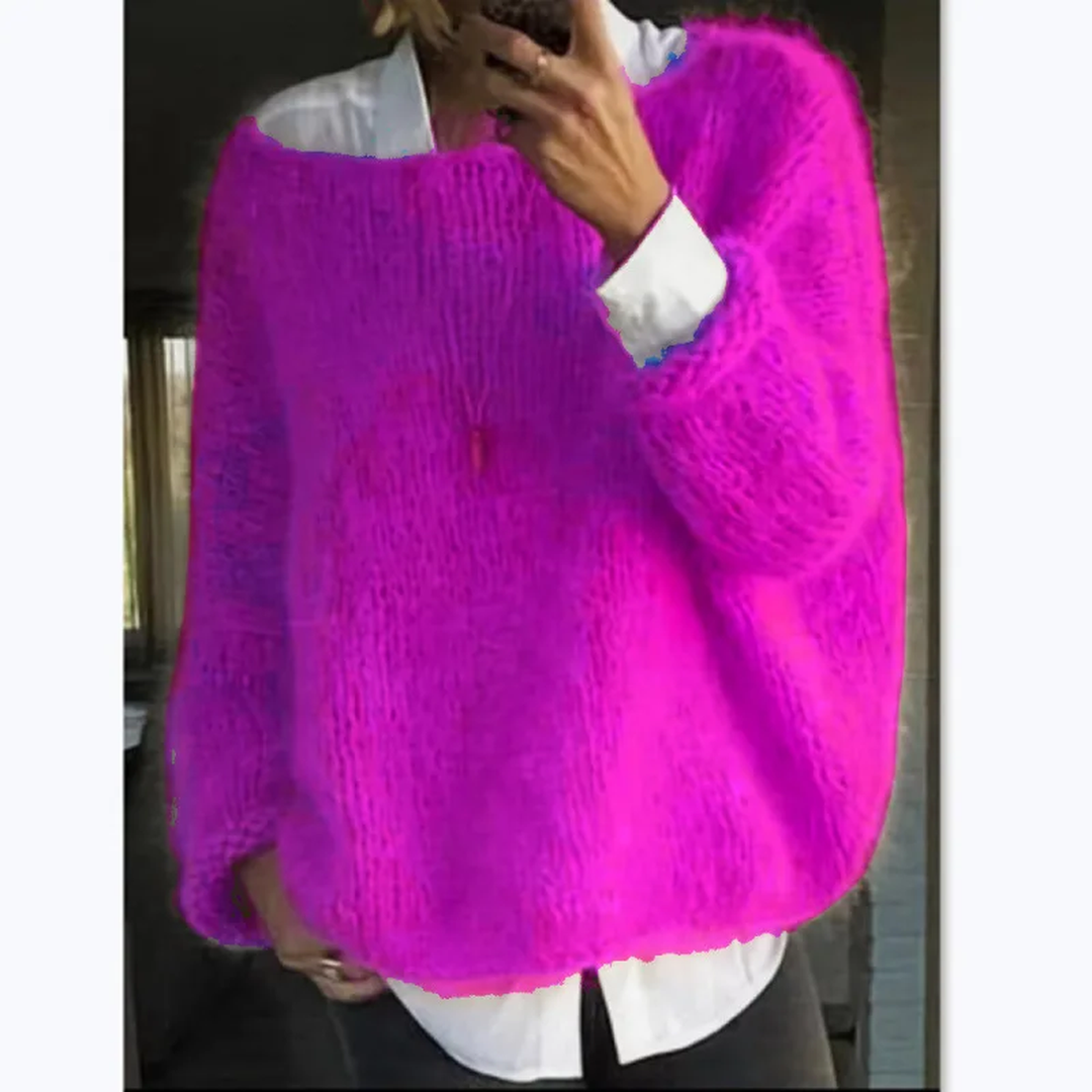 Oversized Fuzzy Knit Jumper with Boat Neckline and Long Sleeves