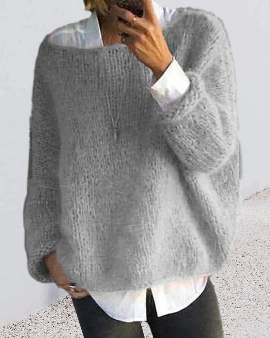 Oversized Fuzzy Knit Jumper with Boat Neckline and Long Sleeves