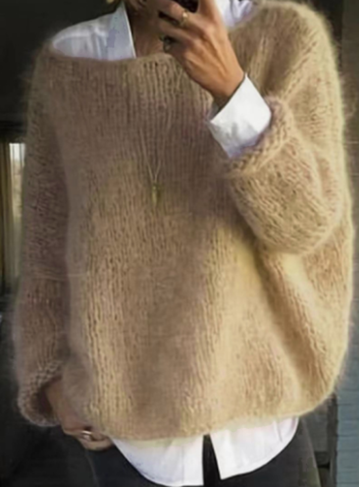 Oversized Fuzzy Knit Jumper with Boat Neckline and Long Sleeves