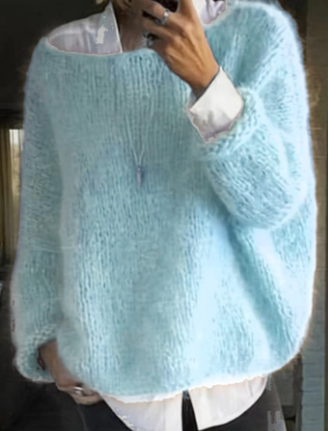 Oversized Fuzzy Knit Jumper with Boat Neckline and Long Sleeves