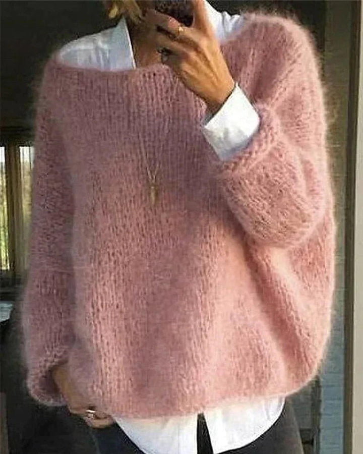 Oversized Fuzzy Knit Jumper with Boat Neckline and Long Sleeves