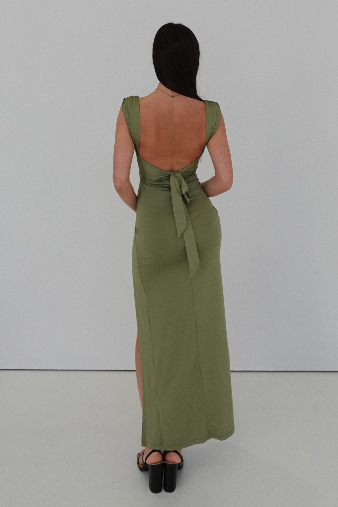 Square Neckline Ruched Maxi Dress with Tie Back and High Slit
