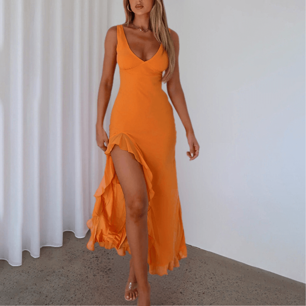 V-Neck Maxi Dress with Side Ruffle Trim and High Slit