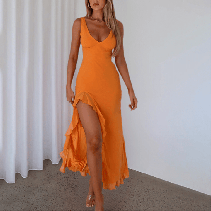 V-Neck Maxi Dress with Side Ruffle Trim and High Slit