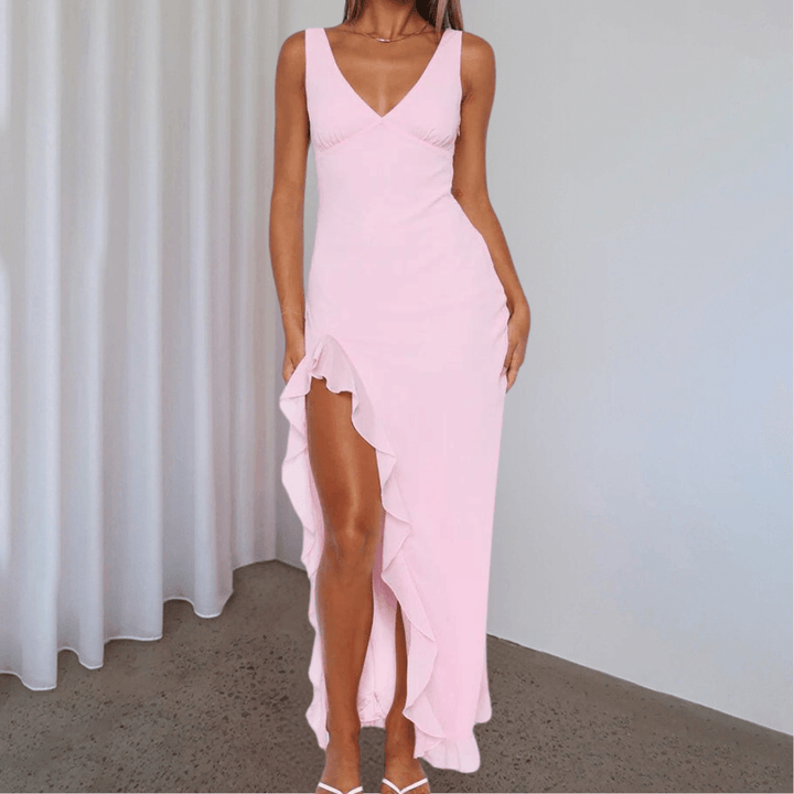 V-Neck Maxi Dress with Side Ruffle Trim and High Slit