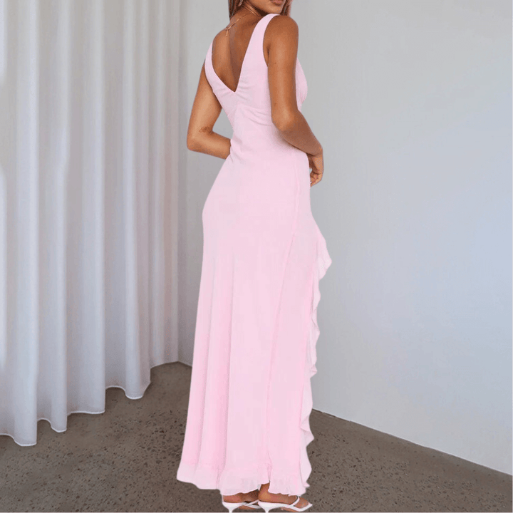 V-Neck Maxi Dress with Side Ruffle Trim and High Slit