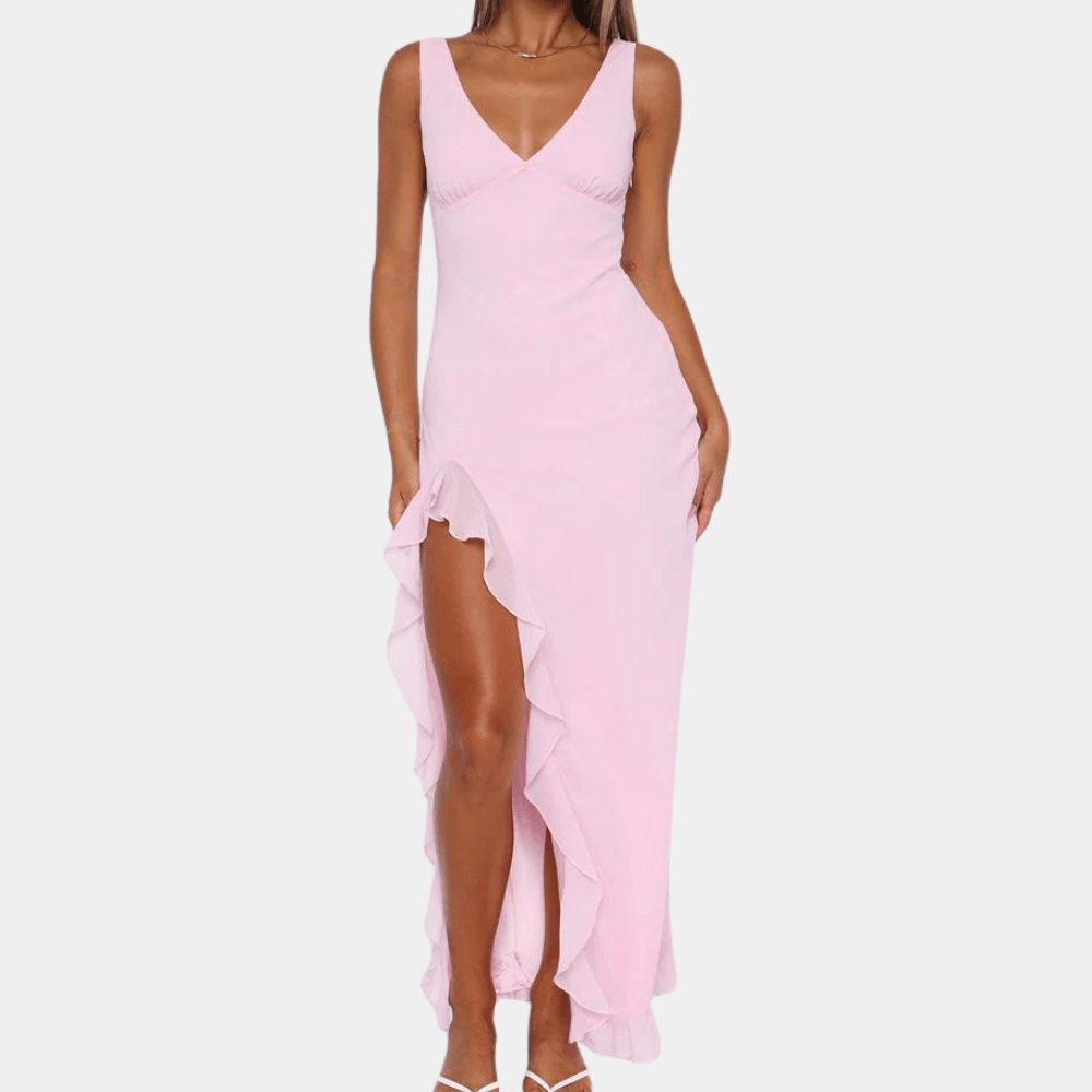 V-Neck Maxi Dress with Side Ruffle Trim and High Slit