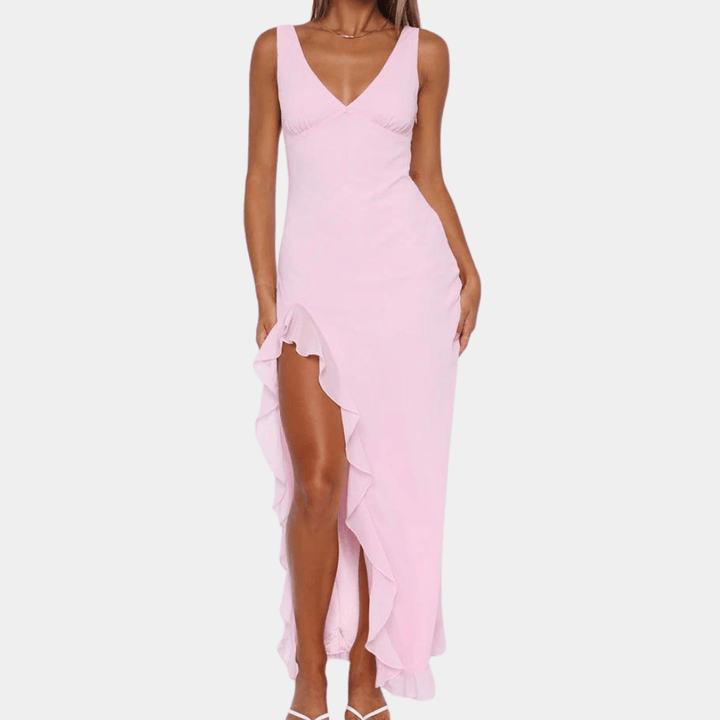 V-Neck Maxi Dress with Side Ruffle Trim and High Slit