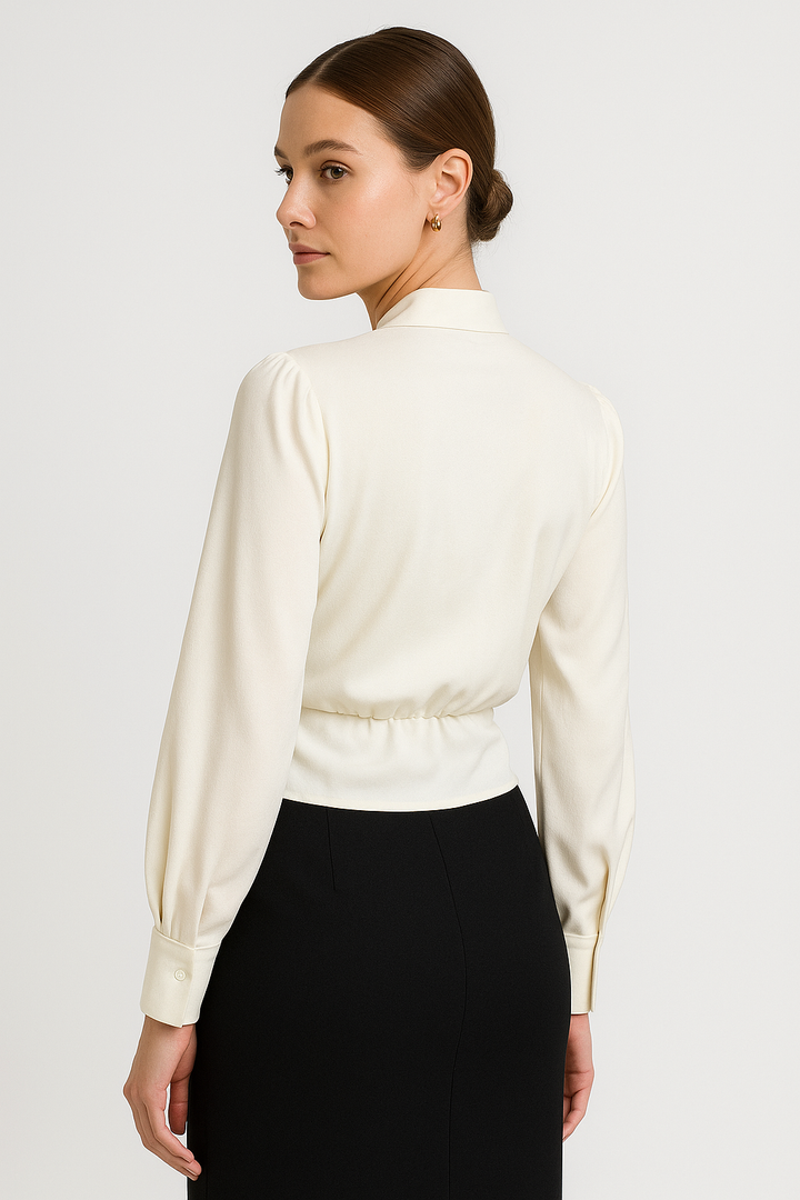 Wrap Front Blouse with Long Sleeves and Fitted Waistband