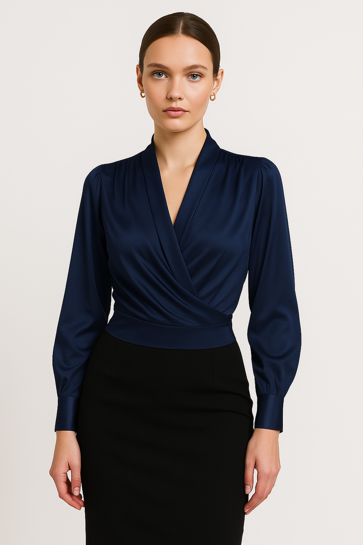 Wrap Front Blouse with Long Sleeves and Fitted Waistband