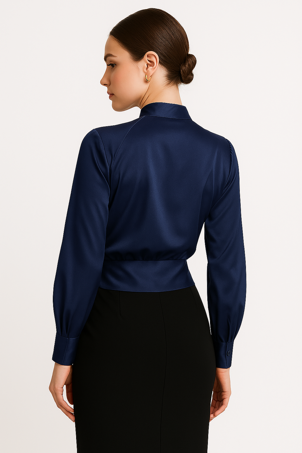 Wrap Front Blouse with Long Sleeves and Fitted Waistband