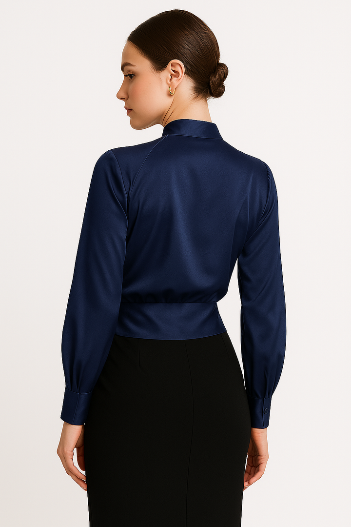 Wrap Front Blouse with Long Sleeves and Fitted Waistband