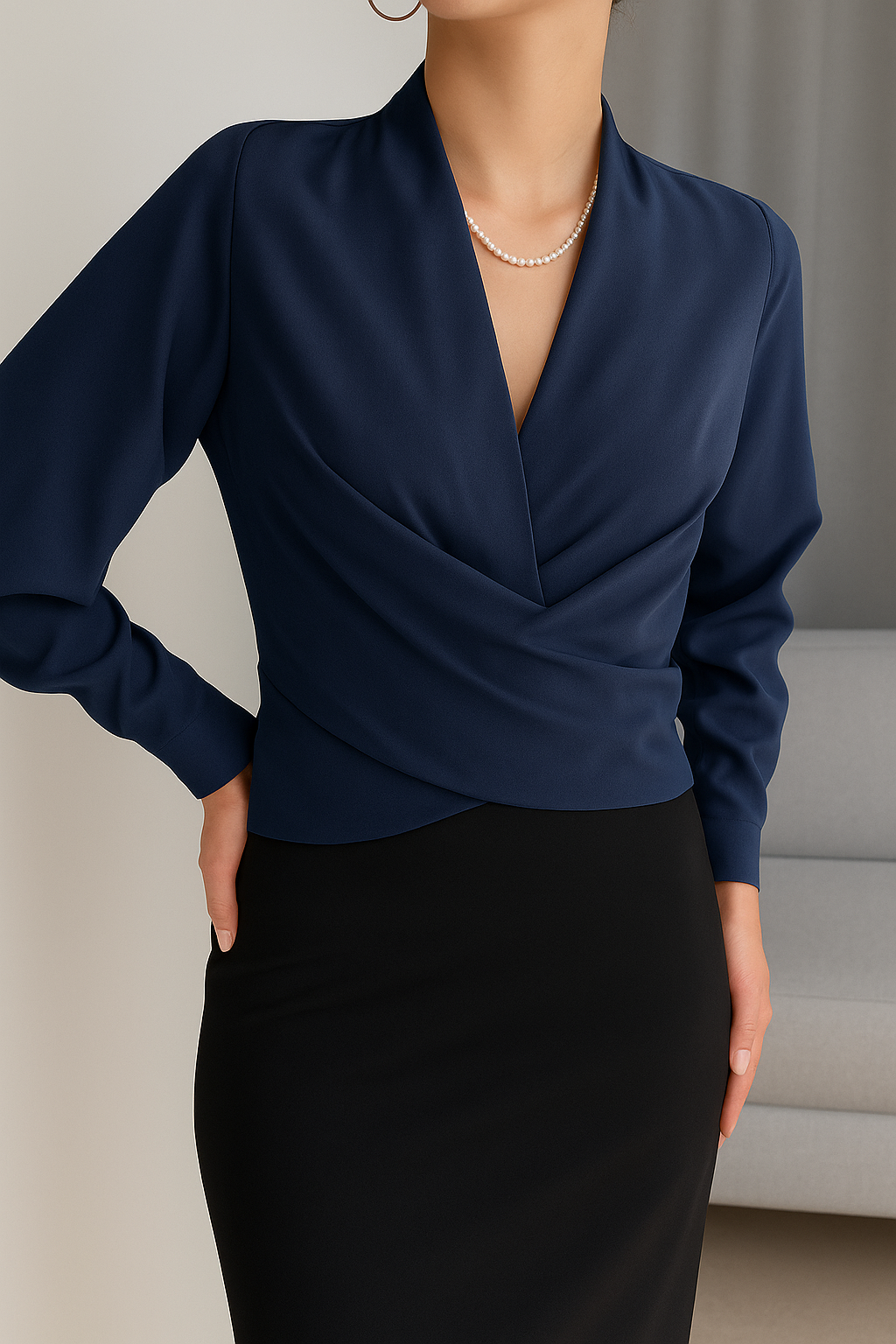 Wrap Front Blouse with Long Sleeves and Fitted Waistband