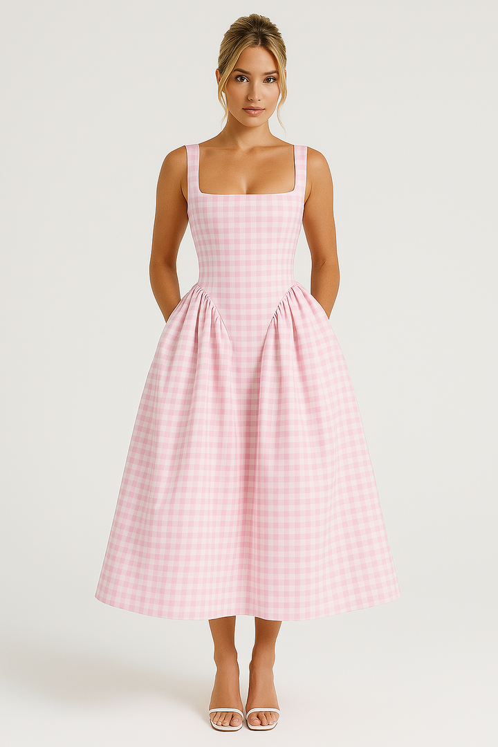 Midi Dress with Square Neckline, Corset Back, and Gathered Skirt