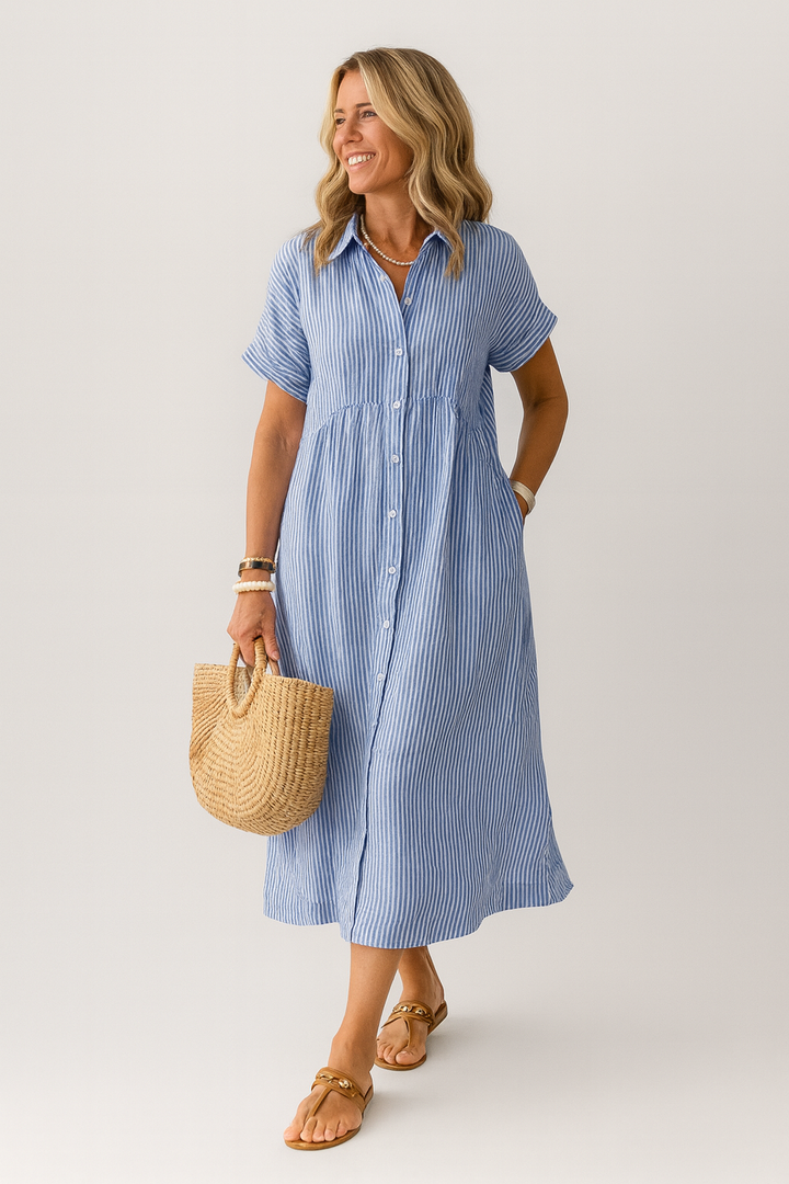 Striped Midi Shirtdress with Point Collar and Short Sleeves