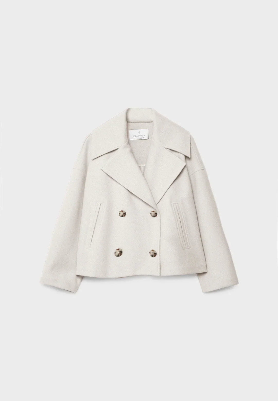 Cropped Double-Breasted Jacket with Notched Lapels and Long Sleeves