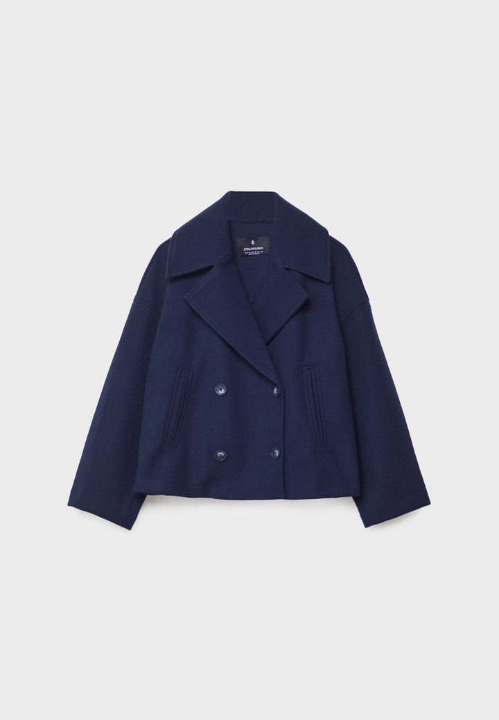 Cropped Double-Breasted Jacket with Notched Lapels and Long Sleeves