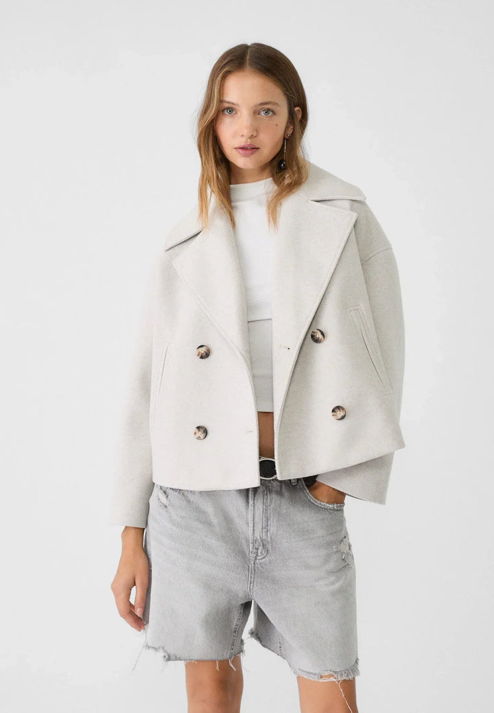 Cropped Double-Breasted Jacket with Notched Lapels and Long Sleeves