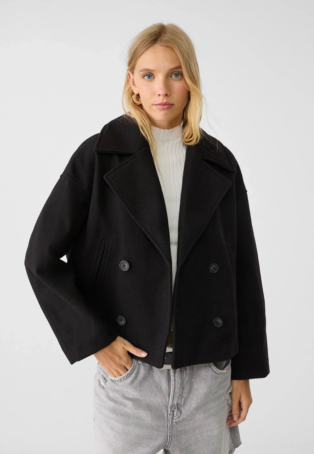 Cropped Double-Breasted Jacket with Notched Lapels and Long Sleeves