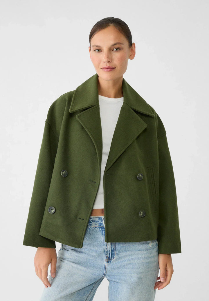 Cropped Double-Breasted Jacket with Notched Lapels and Long Sleeves