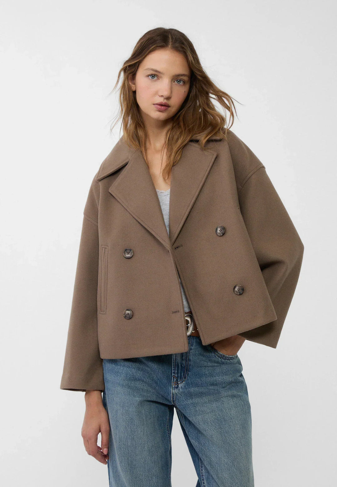 Cropped Double-Breasted Jacket with Notched Lapels and Long Sleeves