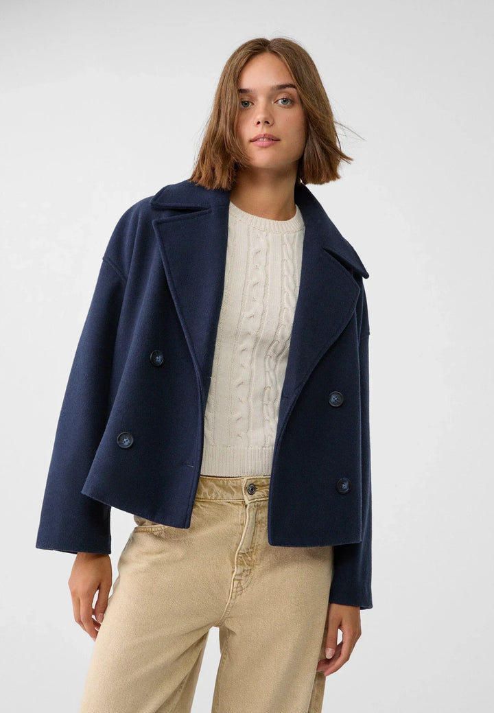 Cropped Double-Breasted Jacket with Notched Lapels and Long Sleeves